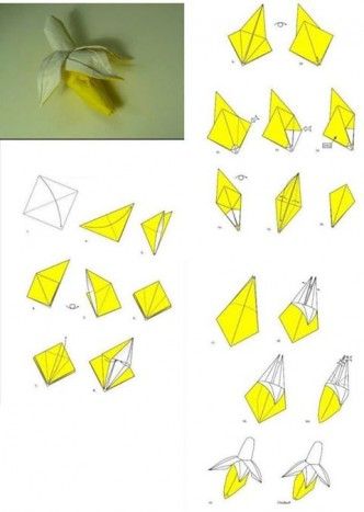 How to fold origami paper craft banana step by step DIY tutorial instructions Origami Kutu, Dragon Origami, Origami Paper Craft, Origami Tattoo, Origami Step By Step, Origami Diagrams, Tutorial Origami, Origami Ball, Origami Bookmark