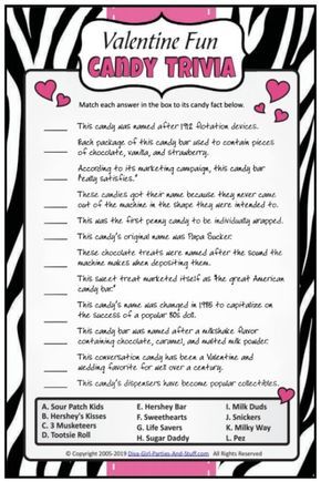 Valentine Fun Candy Trivia - Match each of 12 candies with one of the fun facts. #ValentineGame #Printable Game #CandyTrivia Valentines Quiz, Food Trivia, Trivia Party, Resurrection Eggs, Travel Trivia, Valentine's Day Party Games, Family Feud Game, Candy Match, Bar Game