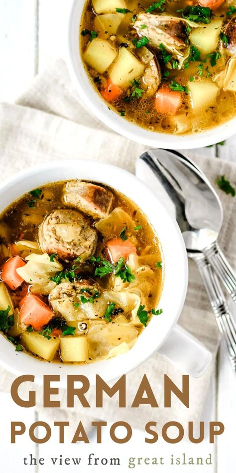 German American Recipes for Octoberfest - The View from Great Island German Sausage Soup Recipes, Oktoberfest Soup, Potato And Sausage Soup, Soup Sausage, German Potato Soup, Autumn Countryside, Bratwurst Sausage, The View From Great Island, German Sausage