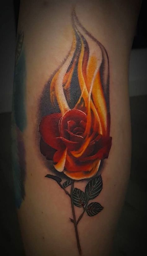 Fire Design Tattoo, Fire Rose Tattoo, Kiss Flower, Rose On Fire, Rose Tattoo Stencil, Fire Rose, Flame Tattoo, Rose Tattoo Meaning, Rose Hand Tattoo