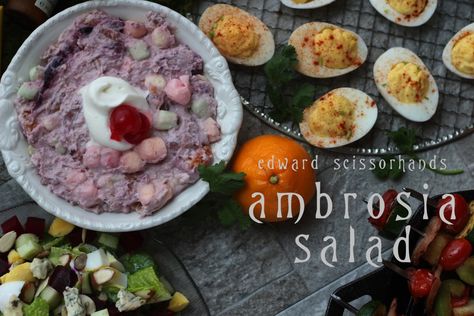 Edward Scissorhands: Ambrosia Salad Recipe Feast Of Starlight, Ambrosia Salad Recipe, Movie Dinner, Ambrosia Recipe, Book Food, Fantasy Food, Cherry Coconut, Geek Food, Food Inspired