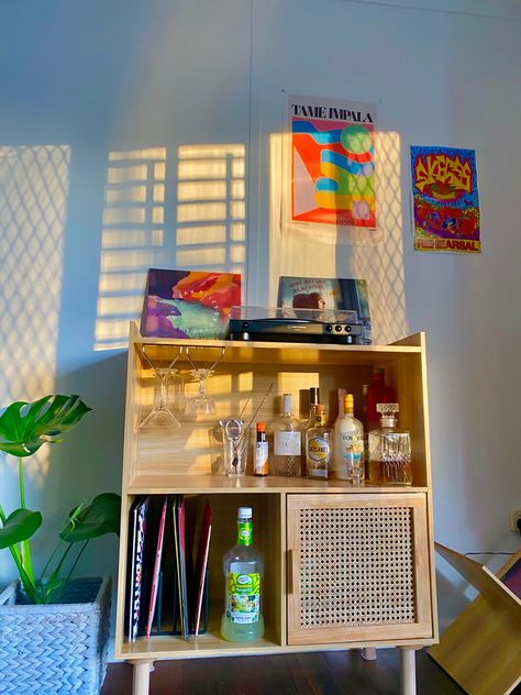 Bright colourful decor bar cocktail vinyl record player martini art art decor Eclectic Bar Cabinet, Record Player Bar Cabinet, Bar Cart With Record Player, Bar Cart Record Player, Record Player Bar Cart, Record Player Setup Small Space, Eclectic Bar Cart, Mini Bar Ideas Small Spaces, Vinyl Setup