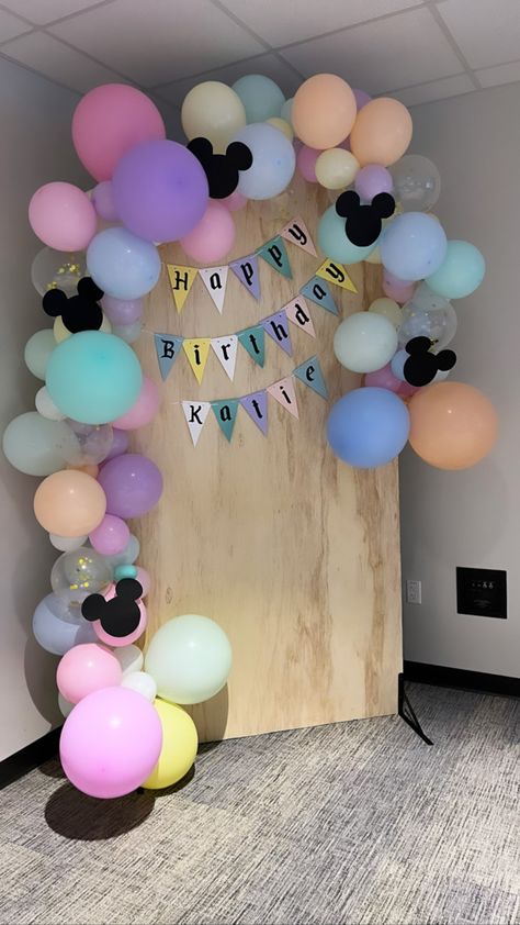 Disney Party Photo Backdrop, Disney Themed Backdrop, Disney Hotel Birthday Decorations, Minnie Mouse Vintage Birthday Party, Decorating Disney Resort Room Birthday, Disney Themes Decorations, Disney Theme 30th Birthday, Walt Disney World Birthday Party Theme, Disney Theme Park Birthday Party