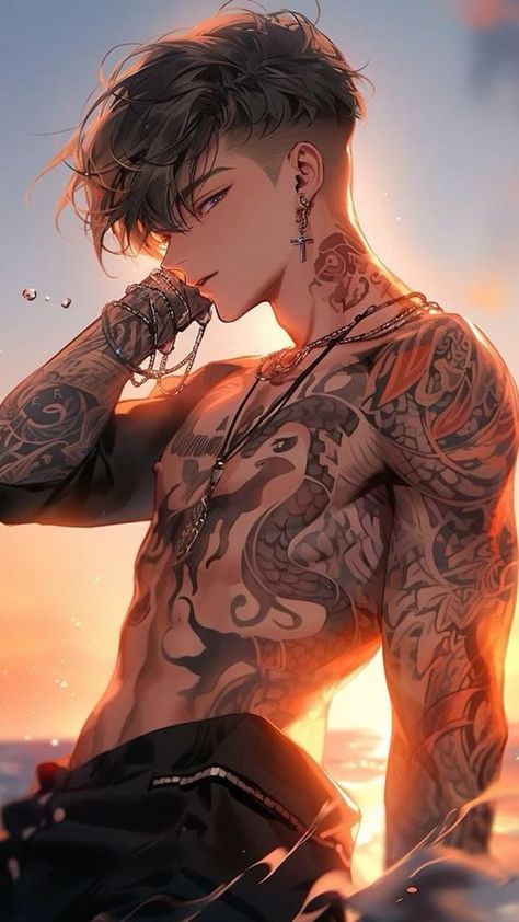 Illustration Tattoo, Dark Anime Guys, Hot Anime, Anime Guys Shirtless, Cool Anime Guys, Guy Drawing, Manga Boy, Anime Tattoos