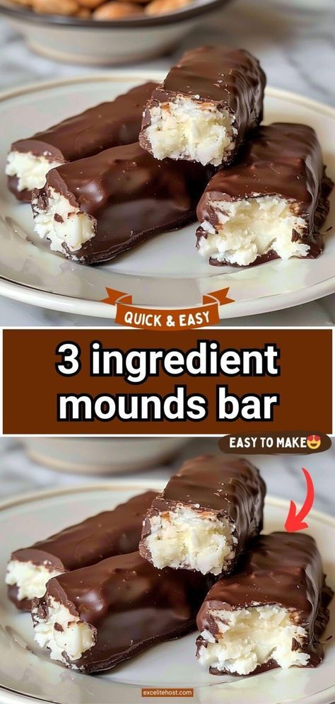 3 ingredient mounds bar Mounds Bars With Just 3 Ingredients, 3 Ingredient Mounds Bars Recipe, 3 Ingredients Fudge, Keto Mounds Bars, Coconut Mounds Bars, 3 Ingredient Candy Recipes, Homemade Mounds Bars, Copycat Candy Recipes, Desserts To Sell Homemade