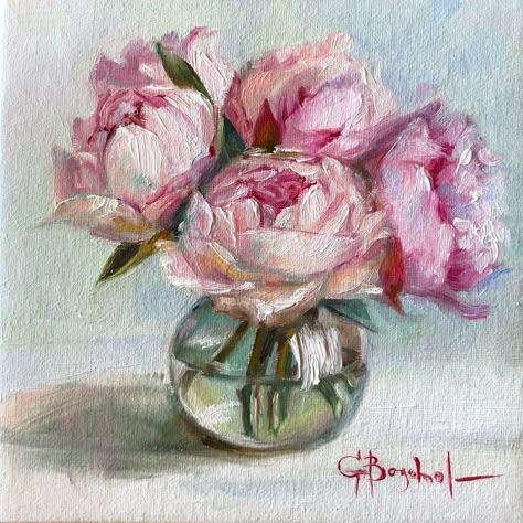 Paintings Of Flowers In Vases, Peonies In Vase, Peonies In A Vase, Peony Oil Painting, Peonies Artwork, Flowers In Vase Painting, Peonies Painting, Flower Bouquet Painting, Peony Art