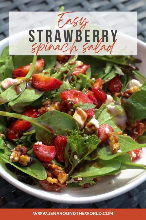 This Strawberry Spinach Salad is the perfect summer salad to kick off the strawberry season with. Drizzle on this homemade balsamic dressing for the most amazing salad you will make this time of year. Strawberry Spinach Salad With Balsamic, Homemade Balsamic Dressing, Balsamic Vinegar Dressing, Strawberry Spinach Salad, Garlic Balsamic, Salad With Balsamic Dressing, Strawberry Spinach, Salad Easy, Berry Salad