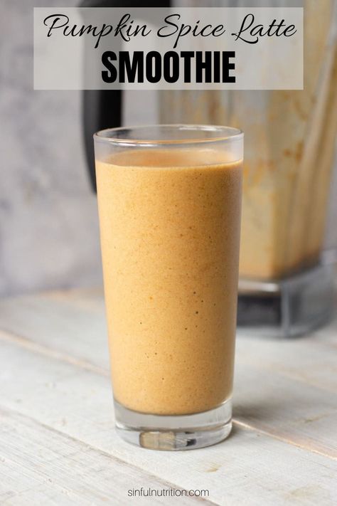 This Pumpkin Spice Latte Smoothie is full of fall flavor, and perfect for a quick and easy breakfast or midday snack. | @sinfulnutrition #sinfulnutrition #pumpkinsmoothie #pumpkinrecipes Pumpkin Oat Smoothie, Pumpkin Spice Smoothie Healthy, Pumpkin Spice Breakfast Smoothie, Pumpkin Spice Smoothie Recipe, Pumpkin Spice Protein Shake, Pumpkin Pie Protein Shake, Easy Healthy Smoothies, Pumpkin Smoothie, Seasonal Eating