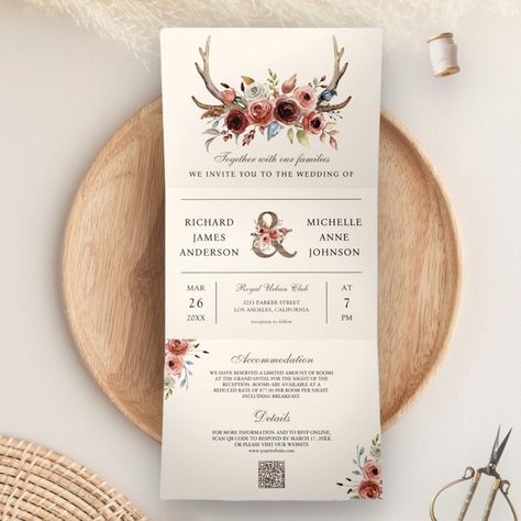 Rsvp Website, Antler Wedding, Qr Code Wedding, Rsvp Online, Stag Antlers, Winter Wedding Invitations, Brown Wedding, Wedding Invitations Boho, Vintage Invitations