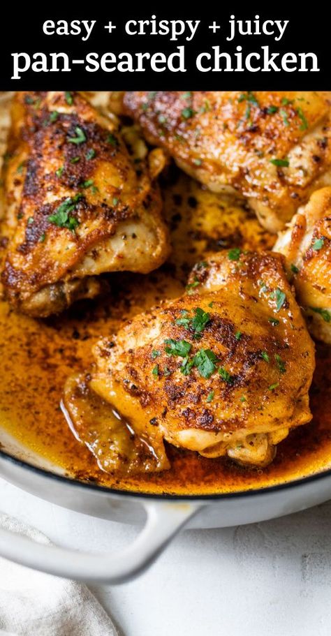 Pan Seared Chicken Legs Recipe, Quick Chicken Thigh Recipes Skillet, Pan Seared Chicken Drumsticks, Skillet Cooked Chicken, Fried Chicken Thigh Recipes Bone In, Bone In Chicken Thigh Skillet Recipes, Pan Seared Chicken With Sauce, Crispy Skillet Chicken, Boned Chicken Thigh Recipes