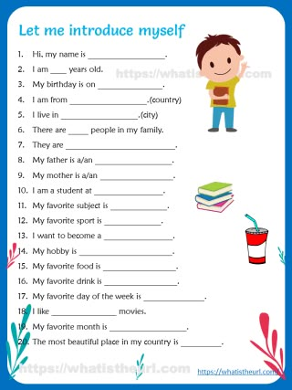 Let me Introduce Myself Worksheet for kids - Your Home Teacher English Conversation Worksheets, Nursery School Activities, English Conversation For Kids, Oral Language Activities, Preschool Music Activities, Test For Kids, Teach English To Kids, Kids Worksheet, Let Me Introduce Myself