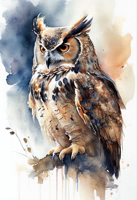 Andrew Simoson | WATERCOLOR | Horned Owl Extraordinary Artwork, Watercolor Tattoo Ideas, Eiffel Tower Painting, Animal Tattoo Ideas, Painted Birds, Owl Watercolor, Owl Artwork, Watercolor Paintings Nature, Bird Watercolor Paintings