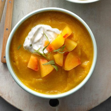 Golden Beet and Peach Soup with Tarragon Broccoli Chowder, Chickpea Tortilla, Peach Soup, Beet Borscht, Beet Soup Recipes, Pumpkin Sausage, Vegan Tortilla Soup, Mushroom Barley, Moroccan Chickpea