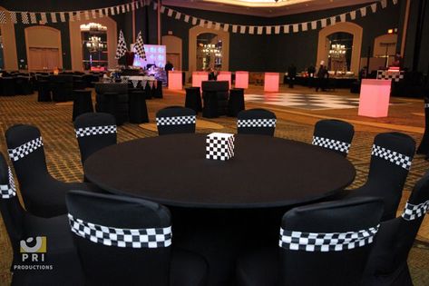 Racing themed decor. Black spandex chair covers and checkered ... Race Car Wedding, Racing Wedding, Car Themed Wedding, Race Wedding, Cars Wedding, Race Theme, Biker Party, Racing Theme, Biker Wedding