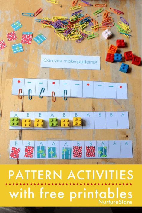 Repeating patterns activity using loose parts with printable - NurtureStore Number Patterns Activities, Patterning Kindergarten Activities, Number Pattern Activities, Math Provocations, Patterning Kindergarten, Easy Math, Math Patterns, Activities Kindergarten, Maths Ideas