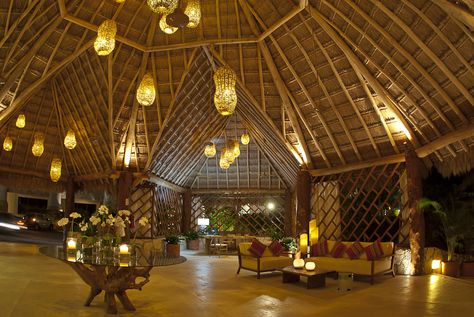 Lobby - Mahékal Beach Resort (where we stayed in Mexico this summer!). I love those hanging lights, they remind me of birds' nests. Hotel Lobby Design Bamboo, Resort Lobby, Bamboo Houses, Farm Resort, Bamboo Roof, Lobby Hotel, Resort Ideas, Hotel Lobby Design, Bamboo Architecture