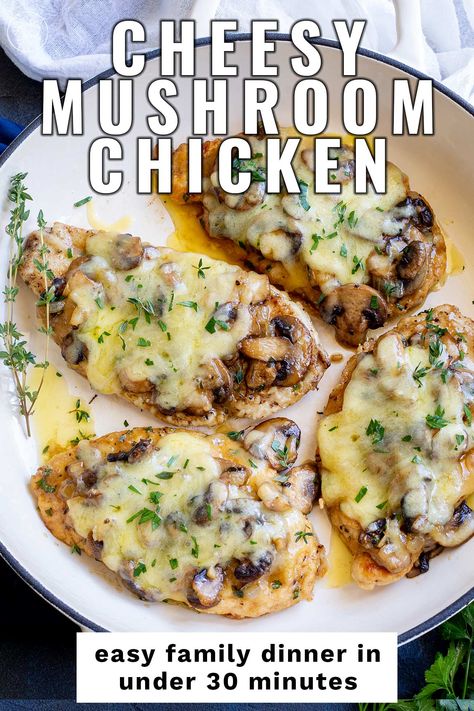 This Cheesy Smothered Mushroom Chicken is a comforting flavorful meal that the whole family will love; who doesn't love oozy melty cheese? It can be ready in under 30 minutes and is a great midweek meal cooked in one pan! First, the chicken breasts are seared so they stay nice and juicy, then topped with delicious mushrooms and plenty of cheese. Then, this is blasted in the oven to get that perfect melty cheese. This Cheesy Smothered Mushroom Chicken is a flavor-packed meal I know you'll love. Smothered Chicken With Spinach And Mushrooms, Chicken Mushrooms Cheese Recipes, Smothered Chicken With Cheese, Stuffed Chicken With Mushrooms, Smothered Chicken Mushrooms, Chicken With Mushrooms And Cheese, Dinners With Mushrooms Easy, Mushroom And Onion Chicken, Grilled Chicken Mushroom Recipes