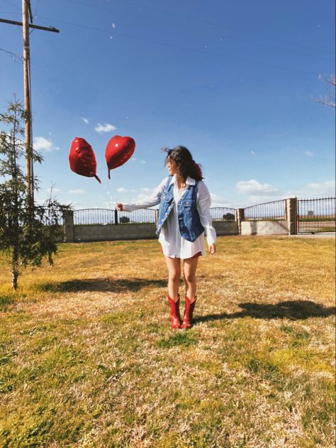 Red Cow Girl Boots Outfit, Cowgirl Valentines Outfit, Red Rodeo Outfit, Red Dress With Cowboy Boots, Overalls And Cowboy Boots Outfit, Western Valentine Outfits, Red Cowboy Hat Outfit, Red Boot Outfits, Red Cowboy Boots Outfit Winter