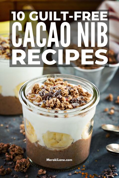 10 Anti-Inflammatory Cacao Nib Recipes | Also known as 'cocoa nibs', these crunchy pieces of cacao beans compliment both sweet and savory dishes, offering a guilt-free chocolate experience. They are high in fibre, full of antioxidants, heart healthy, and reduce inflammation and boost your mood to boot! In this post we share simple ways to cook and bake with caca nibs and our fav recipes, from breakfast smoothies and healthy hot chocolate, to chocolate oatmeal cookies, banana pancakes, and more! Coco Nibs Recipes, Cacao Beans Recipe, Recipes With Cacao Nibs, Cocoa Nibs Recipes Healthy, Cocao Bliss Recipes, Cocoa Nibs Recipes, Cacao Nibs Smoothie, Cacao Nibs Recipes, Cookies Banana