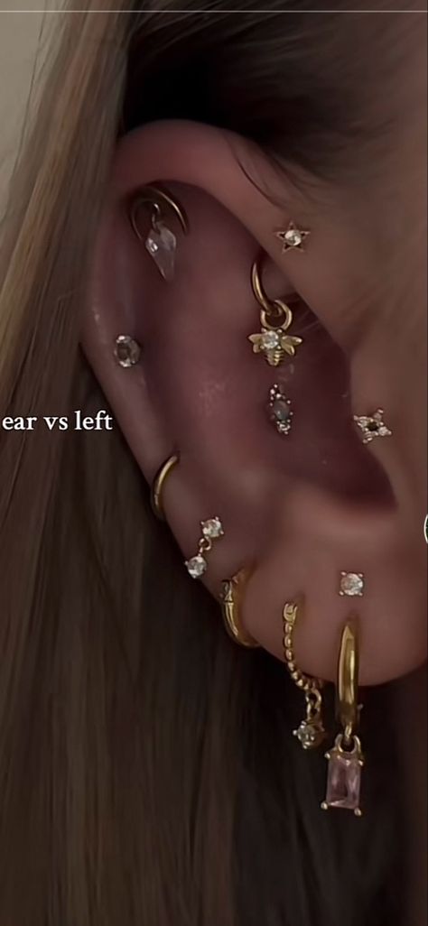 Ear Piercings Right Ear, Getting A Piercing Aesthetic, Ear Piercing Stacks Gold, Ear Piercing Mapping Ideas, Piercing Map Ear, Ear Piercings Inspo Baddie, 4 Ear Piercings In A Row, Zodiac Ear Piercings, Ear Piercings Stack