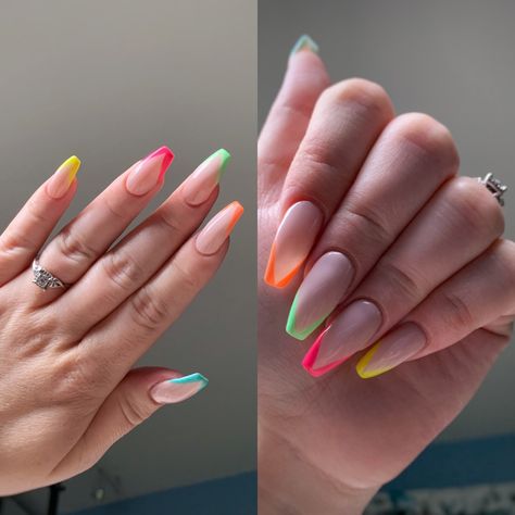 Neon colours printed tips coloured tips trendy nude cute nails Neon Colour Nail Art, Neon Nails Tips, Trendy Nails Neon, Nails Nude Color, Coloured Tips, Bright Colored Nails, Neon Nail Art Designs, Colored Nail Tips, Neon Nail Art