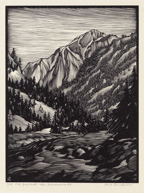 PAUL LANDACRE Old Grayback--San Bernardino Mountains. Wood engraving, 1931. 199x150 mm; 7 7/8x5 7/8 inches, full margins. Edition of 24 (from an intended edition of 35). Signed, titled and numbered 7/35 in pencil, lower margin. A superb, well-inked impression. Wien 83. Printmaking Landscape, California Hills, San Bernardino Mountains, Relief Printmaking, Linocut Art, Printmaking Art, Woodcuts Prints, Relief Print, Encaustic Painting