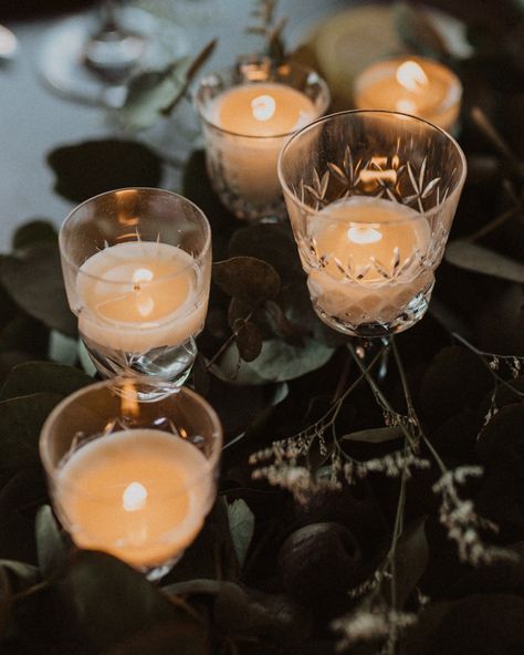 DIY thrifted crystal wine glass centre piece - ethereal wedding Thrifted Candles Wedding, Candles In Wine Glasses, Thrifted Glasses Wedding, Crystal Glasses Wedding, Glasses Wedding, Ethereal Wedding, Centre Piece, Wedding Candles, Centre Pieces