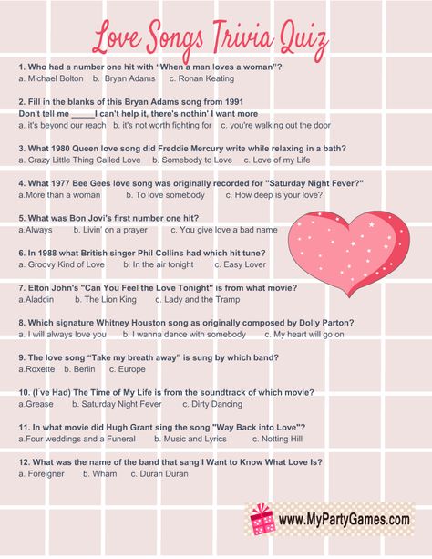 Free Printable Love Songs Trivia Quiz with Answer Key Valentines Trivia With Answers, Engagement Committee, Valentines Trivia, Valentine Lyrics, Holiday Quiz, Question And Answer Games, Wedding Table Games, Wedding Trivia, Valentine's Day Party Games