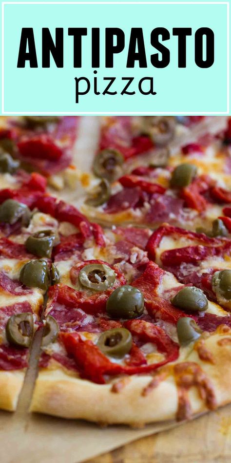 Fan of antipasto? Topped with salami, roasted red peppers, olives and cheese, this Antipasto Pizza is inspired by the traditional Italian first course. Antipasto Pizza, Pizza Ring, Pizza Lasagna, Creative Pizza, Delicious Pizza Recipes, Pizza Ideas, Pizza Crust Recipe, Cooking Easy, Bar Food