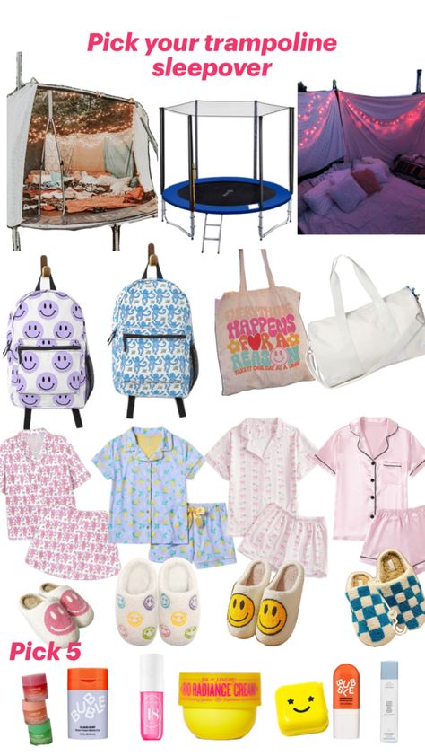 Pick out your preppy and cute trampoline sleepover Trampoline Sleepover Ideas, Sleepover Packing List, Trampoline Sleepover, Gilmore Girls Funny, Fun Sleepover Activities, Sleepover Essentials, Birthday Sleepover Ideas, Slumber Party Birthday, Sleepover Birthday Parties