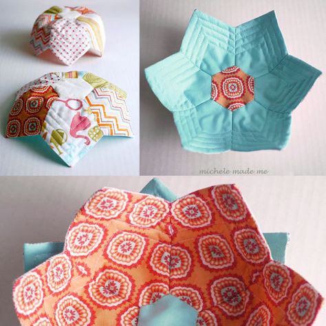 Scrap Challenge Entry: Lily Bowl and Plate Tutorial - Michele Made Me Quick Pot Holders, Free Bowl Cozie Pattern, Quilt Bowl Cozy, Bowl Cozy Pattern Free Sewing, Scrap Sewing Patterns, Bowl Pot Holder Pattern, Old T Shirt Sewing Projects, Flower Pot Holders Diy, Small Bowl Cozy Pattern Free