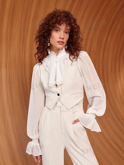 Vest With Puffy Sleeves, Victorian Pirate, Jabot Collar, Corporate Goth, Ladies Suits, Gorgeous Blouses, White Outfit, Flounce Sleeve, Work Wear Women