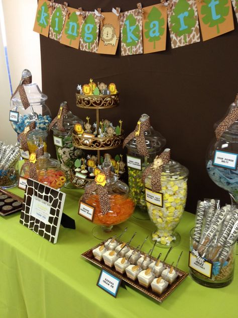 Safari / Jungle Theme Candy & Dessert Table by OC Sugar Mama Safari Candy Buffet, Baby Shower Candy Table, Luncheon Ideas, Jungle Safari Baby Shower, Sugar Mama, Zoo Theme, Lion King Baby Shower, Baby Shower Candy Bar, Jungle Theme Parties