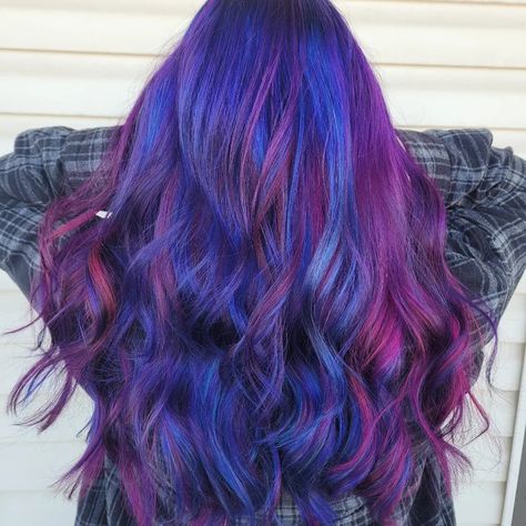 Blue Hair With Pink Highlights, Pink Blue And Purple Hair, Pink Purple And Blue Hair, 2 Tone Hair Color, Pink Purple Blue Hair, Fuschia Hair, Blue Hair Streaks, Purple And Blue Hair, Purple Hair Streaks