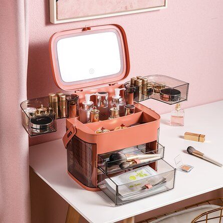 Rebrilliant Portable Makeup Organizer with Mirror LED light | Wayfair Makeup Organizer With Mirror, Led Light Mirror, Jewellery Organizer, Makeup Drawer Organization, Makeup Storage Organization, Light Mirror, Mirror Led, Jewelry Organizer Storage, Makeup Organizers