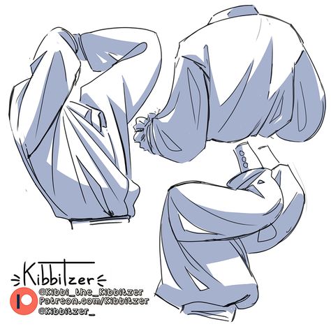 Poet Shirt Drawing Reference, How To Draw Oversized Shirt, Arm Fold Reference, Poet Shirt Drawing, Tucked In Shirt Outfit Drawing, Tucked Shirt Reference, Clothes From Behind Drawing, Puffy Sleeve Reference, Tucked Shirt Drawing Reference