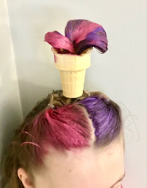 Cut a hole in the bottom of an ice cream cone, pull ponytailed hair through, Bobby pin hair in place, color the hair to look like ice cream, and done! Bobby Pin Hair, Bobby Pin Hairstyles, Wacky Hair Days, Crazy Hair Day, Wacky Hair, Pin Hair, Crazy Hair Days, Bobby Pin, An Ice Cream