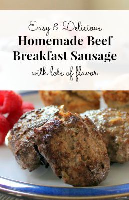 We eat breakfast-for-dinner pretty often.  I finally tried making beef sausage because it was a breakfast-kind-of-night and I had some beef thawed in the fridge.  I used 2 lbs of beef at first and the recipe on page 364 of Nourishing Traditions for Spicy Lamb Sausage, minus the sundried tomatoes and pepper (that I didn’t... Homemade Beef Sausage, Beef Breakfast Sausage, Beef Sausage Recipes, Lamb Sausage, Sausage Making Recipes, Ground Beef Breakfast, Weston Price, Weston A Price, Sausage Recipes For Dinner