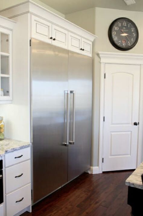 Thermador side by side refrigerator and freezer columns Our Best Bites, Large Refrigerator, Large Fridge, Kitchen Tour, Corner Pantry, Outdoor Kitchen Appliances, Appliances Storage, White Appliances, Refrigerator Storage