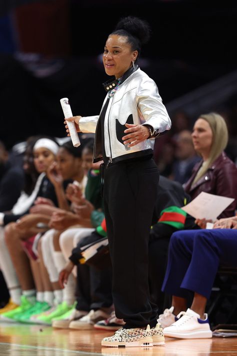 A Closer Look At The Designer Looks Of Dawn Staley The NCAA’s Flyest Coach    | Essence Dawn Staley, Louis Vuitton Jacket, Black Future, Essence Festival, Designer Looks, Black Louis Vuitton, Hollywood Homes, Nba Pictures, Wnba