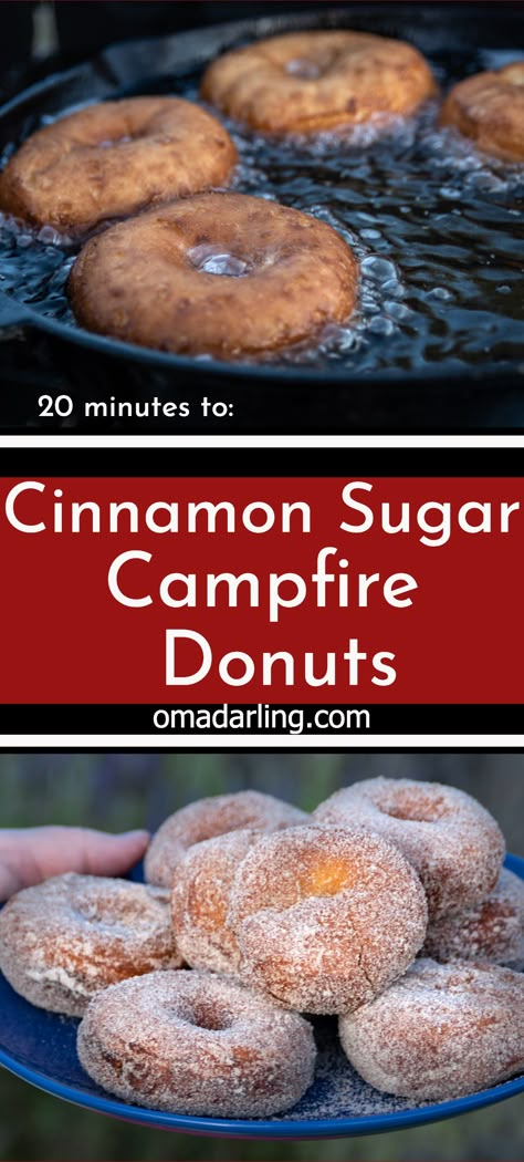 Camping Donuts Recipe, Dessert Over Campfire, Campfire Donuts Recipe, Campfire Cast Iron Desserts, Campfire Deserts Camping, Cinnamon Roll Campfire, Camping Desserts Campfire, Campfire Biscuits, Campfire Food Ideas