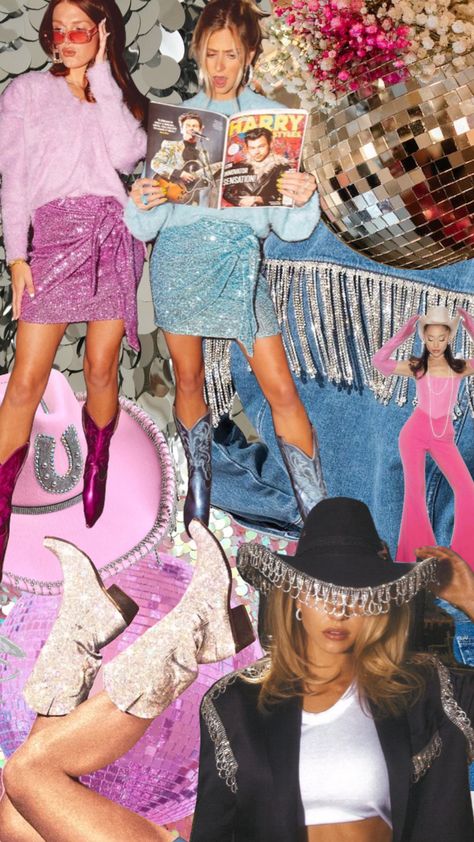 Disco Glam Aesthetic, Glitzy Cowgirl, Funky Cowgirl Outfits, Disco Space Cowgirl, Glam Western Party, Disco Cowboy Aesthetic, Sequin Cowgirl Outfit, Desert Disco Bachelorette Outfits, Western Disco Outfit