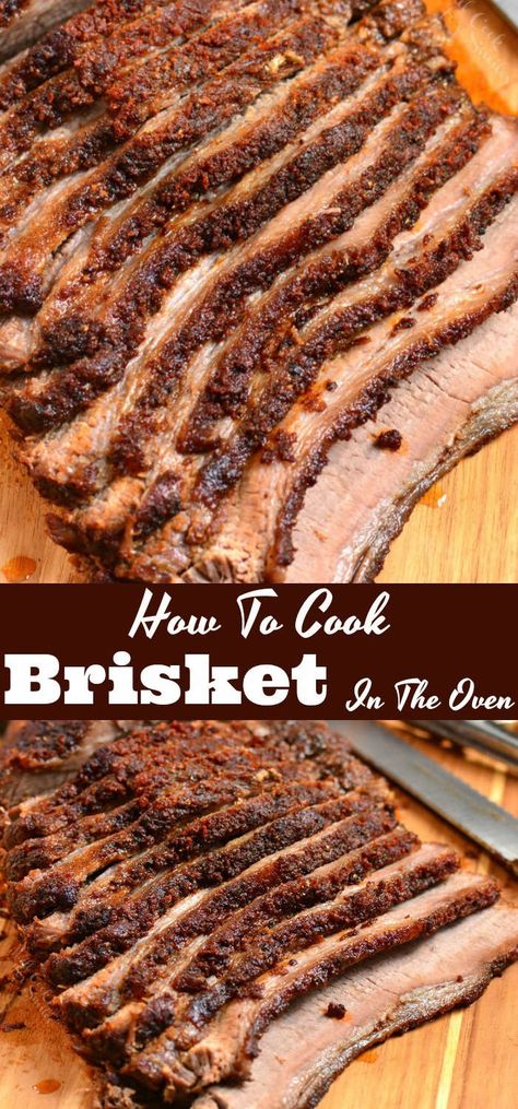 Beef Brisket Cooked In The Oven. Juicy beef brisket is rubbed with an amazing dry rub and baked in the oven until tender. #beef #brisket #dinner Beef Brisket Oven, Oven Baked Brisket, Brisket Dinner, Oven Brisket Recipes, Brisket In The Oven, Best Brisket Recipe, Baked Brisket, Brisket Oven, Brisket Recipes Smoked