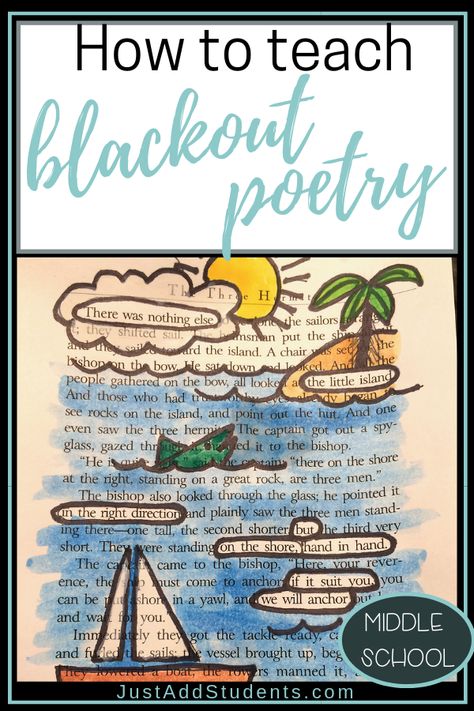 Here's a step-by-step lesson plan on how to teach blackout poetry.  Your students will love it -- it's a great way to complete a poetry or creative writing unit.  Students will use higher level thinking to create theme, imagery, and vivid word choice.  #poetry #blackoutpoetry #lessonplan Poetry Lesson Plans, 7th Grade Reading, Poetry Lesson, Found Poetry, Poetry Activities, Poetry Unit, Poetry For Kids, Poetry Ideas, Teaching Poetry