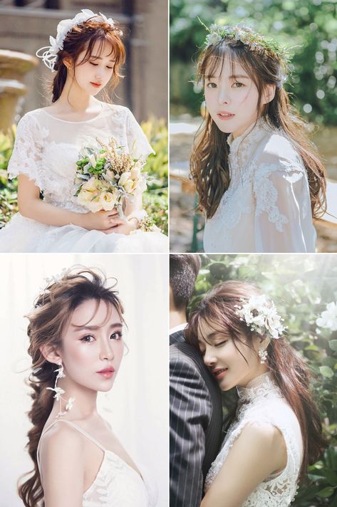 How to Style Your Bangs 16 Beautiful Bridal Hairdos With Bangs! Hairdo Bangs Wedding, Hairdo With Bangs Wedding, Bride Hair Bangs, Bride With Bangs Hairstyles, Korean Hairdo, Korean Bride Hairstyle, Hairdos With Bangs, Bridal Bangs, Jeju Wedding