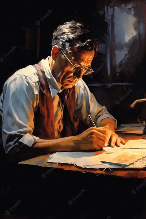 Premium AI Image | a painting of a man writing on a paper Man Writing, Writing Pose, Writing Pose Reference, Office Illustration, Batman Painting, Writing Photos, Composition Painting, Sketch Poses, Classic Cartoon Characters