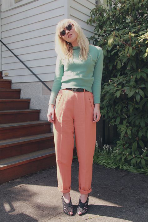 high-waisted pants, sweater, and open toed shoes.  Look by Hillary Boles/Mammal and Lamb. Salmon Pink Pants Outfit, Peach Trousers Outfits, Salmon Pants Outfit, Peach Pants Outfit, Coral Pants Outfit, Salmon Outfit, Salmon Pants, Calm Summer, Pink Pants Outfit