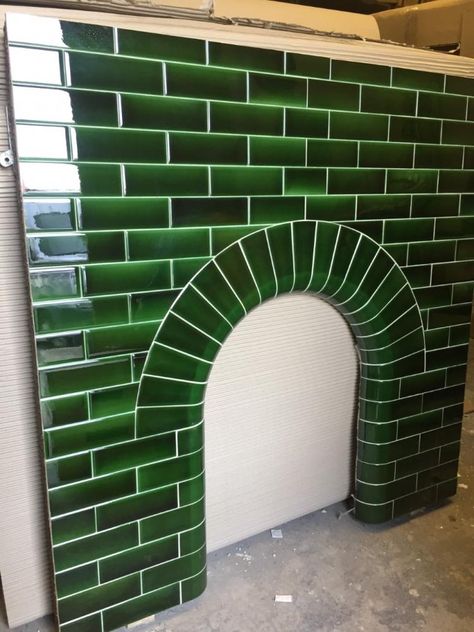 Green Tile Fireplace Surround, Victorian Tiled Fireplace, Antique Tile Fireplace, Green Tiled Fireplace, Green Brick Fireplace, Green Tile Fireplace, Green Fireplace Tile, Arch Fireplace, Green Fireplace