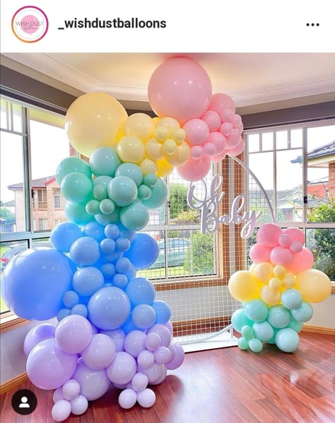 Pastel Rainbow Balloons, Sunflower Balloon, Shower Balloon Arch, Rainbow Balloon Arch, Baby Shower Decor Ideas, Baby Shower Balloon Arch, Deco Ballon, Pastel Baby Shower, Pastel Balloons