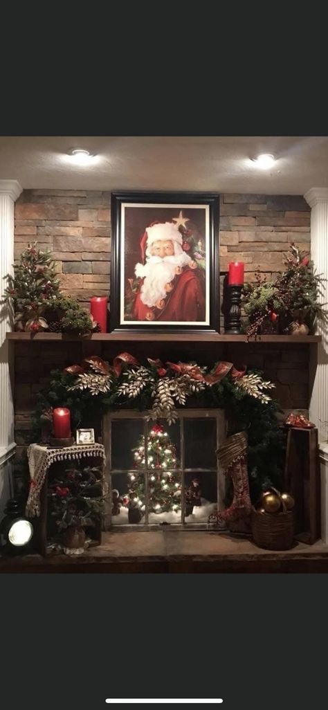 Santa Picture On Mantle, Picture Over Fireplace, Christmas Mantle Decor, Santa Pictures, Christmas Mantle, Christmas Living Rooms, Christmas Fireplace, Mantle Decor, Holiday Decorating